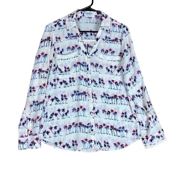 Express Womens Blouse White Palm Tree Portofino V Neck Button Down Sheer M - Picture 1 of 12